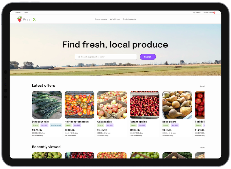 FreshX marketplace shown on a tablet