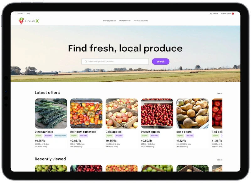 FreshX marketplace shown on a tablet