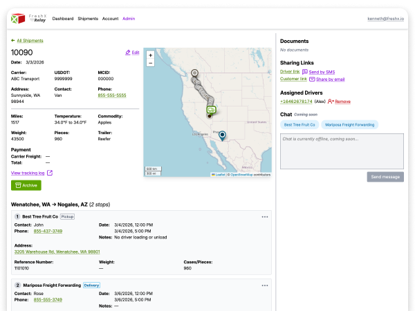 Broker's view of shipment details with route map